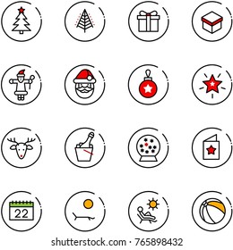 line vector icon set - christmas tree vector, gift, santa claus, ball, star, deer, champagne, snowball, postcard, calendar, lounger, beach