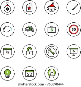 line vector icon set - christmas ball vector, star postcard, elf, scalpel, lemon, cash, money case, speed limit 50 road sign, cursor browser, unlocked, phone horn, presentation board, idea, calendar