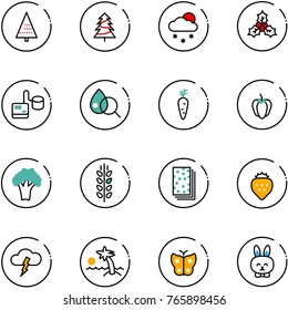 line vector icon set - christmas tree vector, snowfall, holly, tonometer, blood test, carrot, sweet pepper, broccoli, spica, breads, strawberry, storm, palm, butterfly, toy rabbit