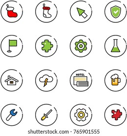 line vector icon set - christmas sock vector, cursor, shield check, flag, puzzle, gear, flask, home, storm, sea hotel, beer, wrench, clinch