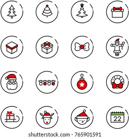 line vector icon set - christmas tree vector, gift, bow, santa claus, garland, ball, wreath, sleigh, deer hat, elf, calendar
