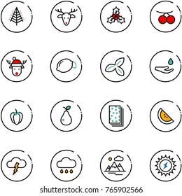 line vector icon set - christmas tree vector, deer, holly, rowanberry, hat, lemon, three leafs, drop hand, sweet pepper, pear, breads, watermelone, storm, rain cloud, mountains, sun power