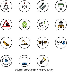 line vector icon set - christmas tree vector, pills blister, tap pay, landslide road sign, shield cross, growth, bank building, banana, flip flops, dragonfly, information exchange, cd, mobile phone