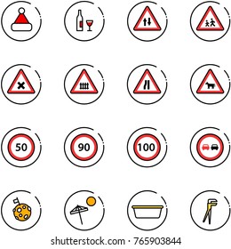 line vector icon set - christmas hat vector, wine, oncoming traffic road sign, children, railway intersection, narrows, cow, speed limit 50, 90, 100, no overtake, moon flag, beach, basin, plumber