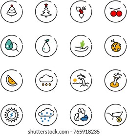 line vector icon set - christmas tree vector, holly, rowanberry, blood test, pear, hand sproute, moon flag, watermelone, rain cloud, palm, sun power, snow, recycling, wheelbarrow