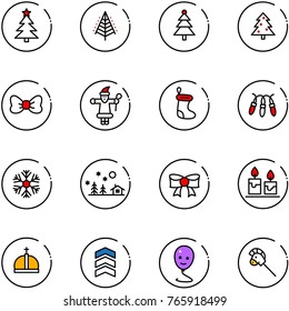 line vector icon set - christmas tree vector, bow, santa claus, sock, garland, snowflake, landscape, candle, crown, chevron, balloon smile, horse stick toy