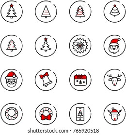 line vector icon set - christmas tree vector, firework, santa claus, bell, calendar, deer, wreath, mobile, hat