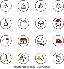 line vector icon set - christmas tree vector, gift, santa claus, snowfall, calendar, sale, rowanberry, thermometer, flippers, forest, toy rabbit