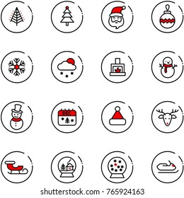 line vector icon set - christmas tree vector, santa claus, ball, snowflake, snowfall, fireplace, snowman, calendar, hat, deer, sleigh, snowball house, snowmobile