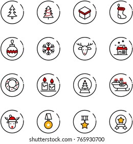 line vector icon set - christmas tree vector, gift, sock, ball, snowflake, deer, house, wreath, candle, snowball, santa sleigh, hat, star medal