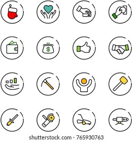 line vector icon set - christmas glove vector, heart care, card pay, cash, wallet, purse, like, agreement, growth, rock axe, success, rubber hammer, clinch, Angular grinder, lawn mower, pipe welding