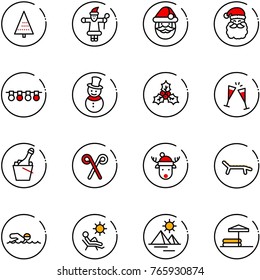 line vector icon set - christmas tree vector, santa claus, garland, snowman, holly, wine glasses, champagne, stick, deer hat, lounger, swimming, beach, pyramid, inflatable pool
