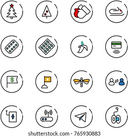 line vector icon set - christmas tree vector, gloves, snowmobile, pills blister, banana, tap pay, dollar flag, dragonfly, information exchange, power bank, wi fi router, paper plane, yoyo