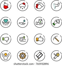 line vector icon set - christmas glove vector, snowfall, gloves, power hand, heart care, drop, investment, cash pay, dislike, growth, finger up, rock axe, success, wheel, bucksaw, Angular grinder