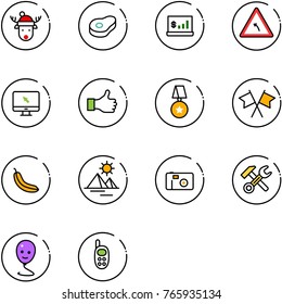 line vector icon set - christmas deer hat vector, meat, account statistics, turn left road sign, monitor cursor, like, star medal, flags cross, banana, pyramid, photo, wrench hammer, balloon smile