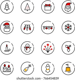 line vector icon set - christmas tree vector, gift, santa claus, garland, snowflake, candle, snowman, firework, holly, fizz opening, swimsuit, sand castle