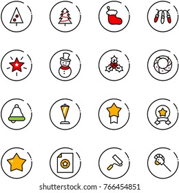 line vector icon set - christmas tree vector, sock, garland, star, snowman, holly, wreath, bell, pennant, medal, certificate, paint roller, horse stick toy