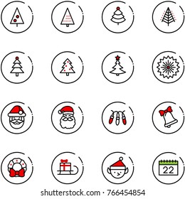 line vector icon set - christmas tree vector, firework, santa claus, garland, bell, wreath, sleigh gift, elf, calendar