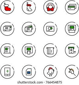 line vector icon set - christmas sock vector, wreath, credit card, atm, mobile payment, sim, chicken toy, unicorn stick