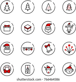 line vector icon set - christmas tree vector, gift, santa claus, garland, bell, firework, wreath, mobile, deer hat, elf
