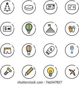 line vector icon set - christmas tree vector, pill, credit card, tap pay, air balloon, pyramid flag, flip flops, swimsuit, usb wi fi, laser, bolt, pencil, bulb, bow