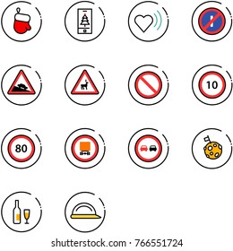 line vector icon set - christmas glove vector, mobile, heart beat, no parkin odd, steep descent road sign, wild animals, prohibition, speed limit 10, 80, dangerous cargo, overtake, moon flag, wine