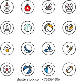 line vector icon set - christmas ball vector, snowball house, tree, basketball, volleyball, dolphin, billiards balls, baseball bat, soccer, beach, football