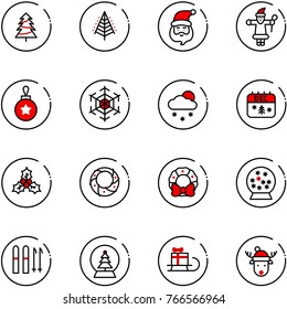 line vector icon set - christmas tree vector, santa claus, ball, snowflake, snowfall, calendar, holly, wreath, snowball, ski, sleigh gift, deer hat