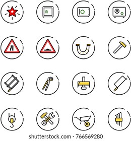 line vector icon set - christmas star vector, safe, Road narrows sign, artificial unevenness, luck, hammer, bucksaw, plumber, milling cutter, metal hacksaw, winch, wrench, wheelbarrow, allen key set