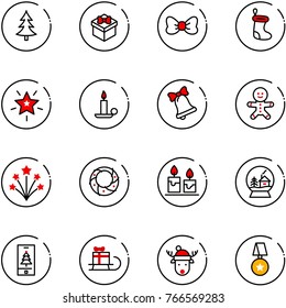line vector icon set - christmas tree vector, gift, bow, sock, star, candle, bell, cake man, firework, wreath, snowball house, mobile, sleigh, deer hat, medal