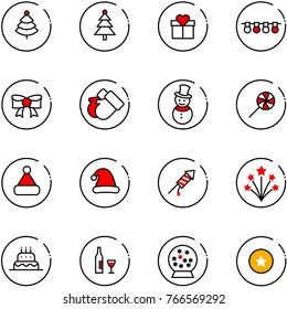line vector icon set - christmas tree vector, gift, garland, bow, gloves, snowman, lollipop, hat, firework rocket, cake, wine, snowball, star medal