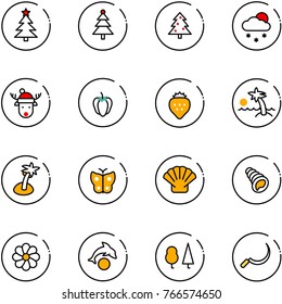 line vector icon set - christmas tree vector, snowfall, deer hat, sweet pepper, strawberry, palm, butterfly, shell, flower, dolphin, forest, sickle