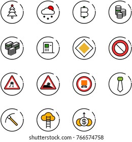 line vector icon set - christmas tree vector, snowfall, bitcoin, coin, big cash, atm, main road sign, prohibition, slippery, steep roadside, no dangerous cargo, tie, rock axe, cloud ladder