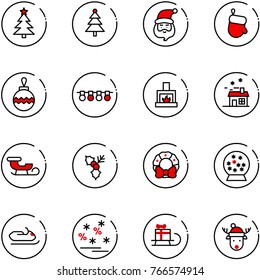 line vector icon set - christmas tree vector, santa claus, glove, ball, garland, fireplace, house, sleigh, holly, wreath, snowball, snowmobile, sale, gift, deer hat