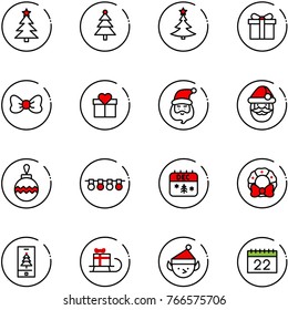 line vector icon set - christmas tree vector, gift, bow, santa claus, ball, garland, calendar, wreath, mobile, sleigh, elf