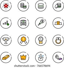 line vector icon set - christmas star vector, coin, money chest, torch, pedestal, gold cup, medal, finger ring, crown, casting of steel, constructor blocks
