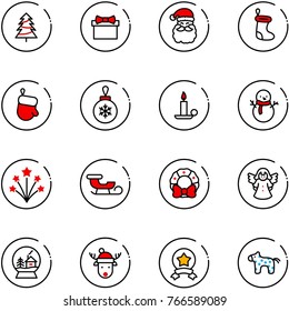 line vector icon set - christmas tree vector, gift, santa claus, sock, glove, ball, candle, snowman, firework, sleigh, wreath, angel, snowball house, deer hat, star medal, toy horse