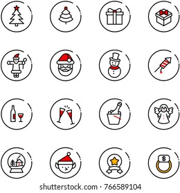 line vector icon set - christmas tree vector, gift, santa claus, snowman, firework rocket, wine, glasses, champagne, angel, snowball house, elf, star medal, finger ring