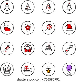 line vector icon set - christmas tree vector, sock, star, lollipop, hat, firework rocket, wreath, cake, champagne, snowball house, sleigh gift, medal, balloon smile