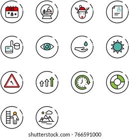 line vector icon set - christmas calendar vector, snowball house, deer hat, patient card, tonometer, eye, drop hand, sun, turn left road sign, arrows up, clock around, circle chart, opportunity