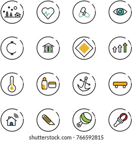 line vector icon set - christmas landscape vector, heart pulse, pills, eye, cent, bank, main road sign, arrows up, thermometer, uv cream, anchor, skateboard, wireless home, work knife, beanbag