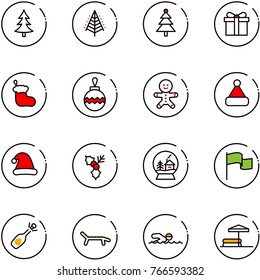line vector icon set - christmas tree vector, gift, sock, ball, cake man, hat, holly, snowball house, flag, fizz opening, lounger, swimming, inflatable pool