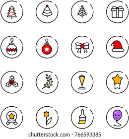 line vector icon set - christmas tree vector, gift, ball, bow, hat, holly, golden branch, pennant, star medal, tulip, brush, balloon smile