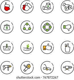 line vector icon set - christmas glove vector, gloves, investment, cash pay, purse, social, friends, dislike, basket, hand sproute, finger up, victory, drill machine, Angular grinder, lawn mower