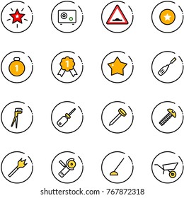 line vector icon set - christmas star vector, safe, artificial unevenness road sign, medal, gold, chisel, plumber, screwdriver, nail, screw, wood drill, Angular grinder, hoe, wheelbarrow