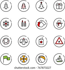 line vector icon set - christmas tree vector, gift, snowflake, candle, gloves, snowman, wreath, angel, star postcard, airport road sign, flag, parasol, ball, toy boat