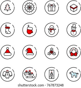 line vector icon set - christmas tree vector, firework, gift, sock, glove, snowman, hat, holly, wreath, angel, santa sleigh, mobile, toy horse
