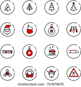 line vector icon set - christmas tree vector, santa claus, glove, ball, garland, house, sleigh, holly, wreath, deer hat, slippery road sign