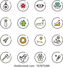 line vector icon set - christmas ball vector, star, candy, heart care, tie, arrow up, growth, rise, rocket, sun, lounger, pyramid, axe, dinosaur toy, bear, baseball bat