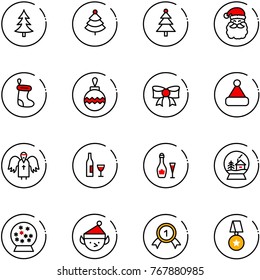 line vector icon set - christmas tree vector, santa claus, sock, ball, bow, hat, angel, wine, snowball house, elf, gold medal, star